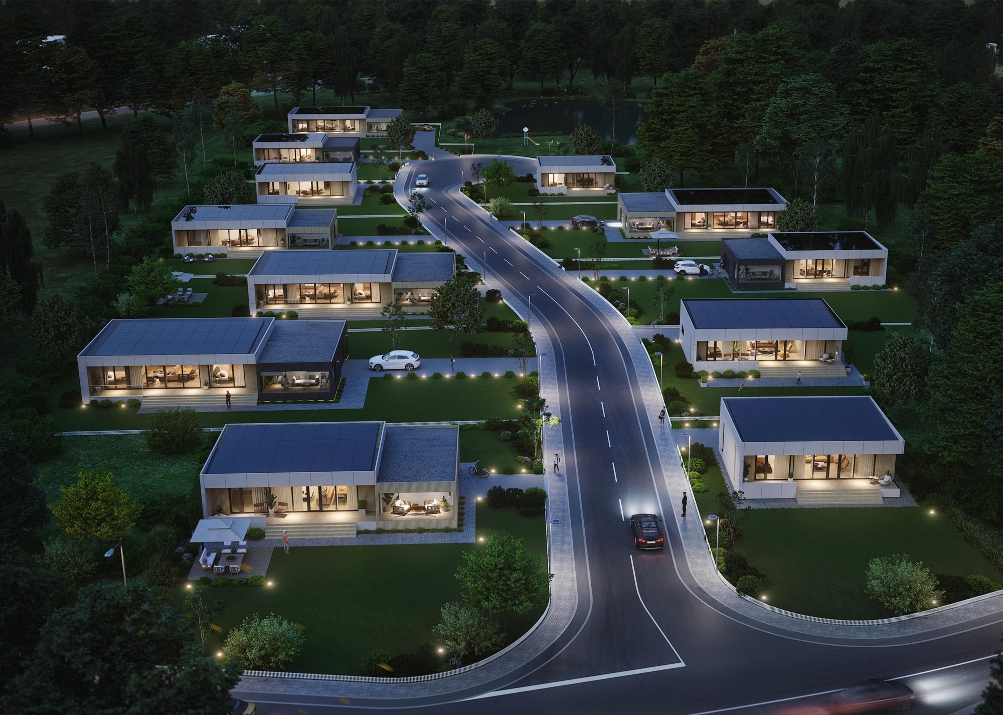 A planned neighbourhood of factory-made homes seen from above at night
