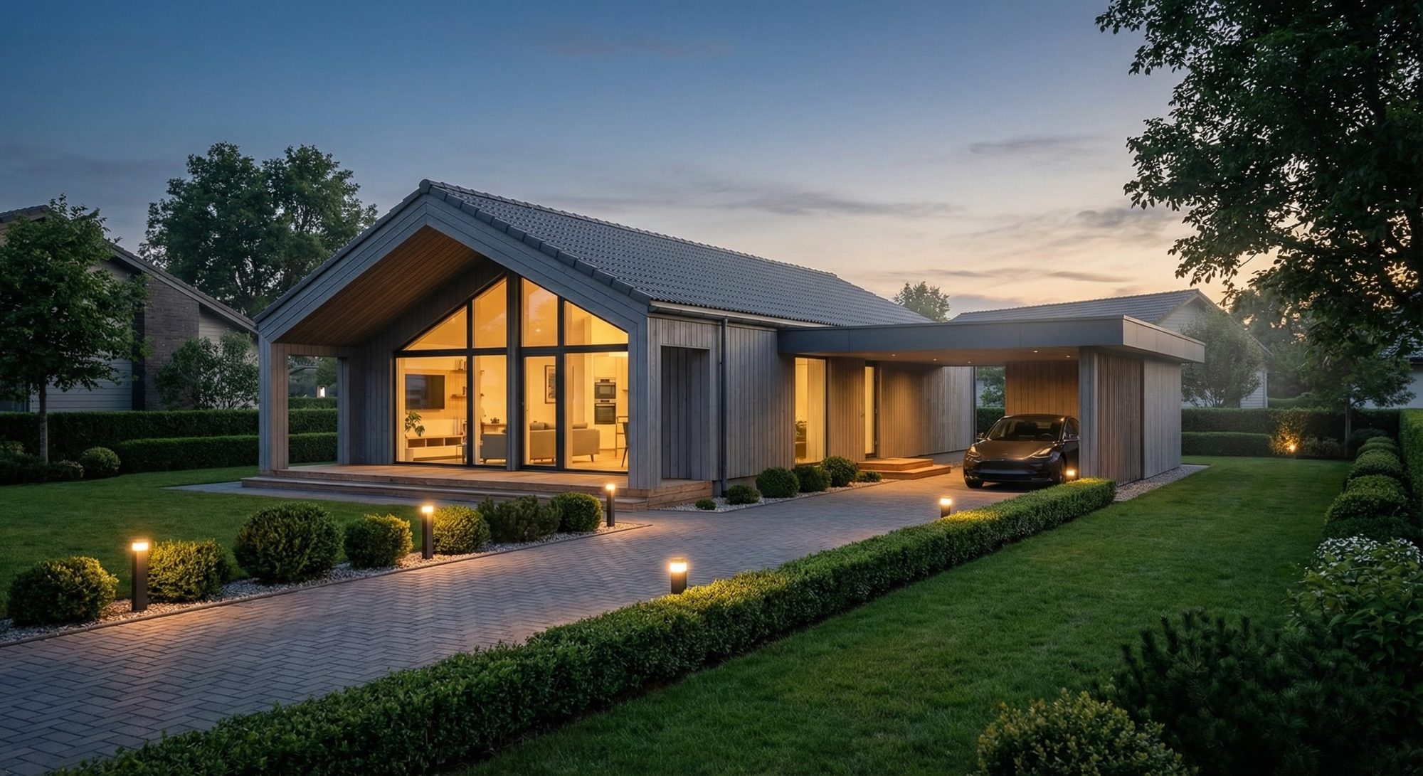 A prefab home at dusk with a glazed gable and warm light