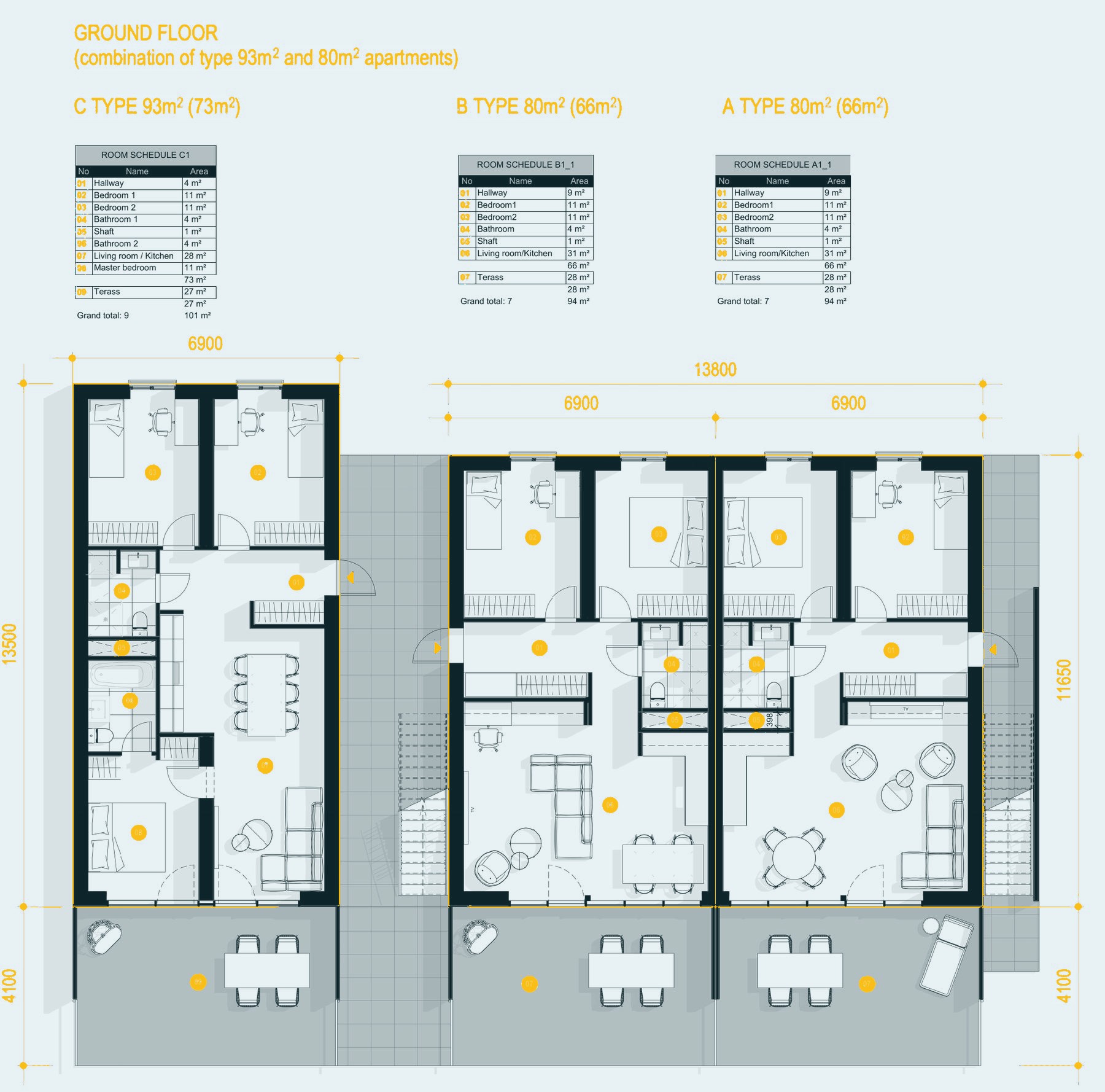 Ground floor, 93 m² and 80 m² apartments