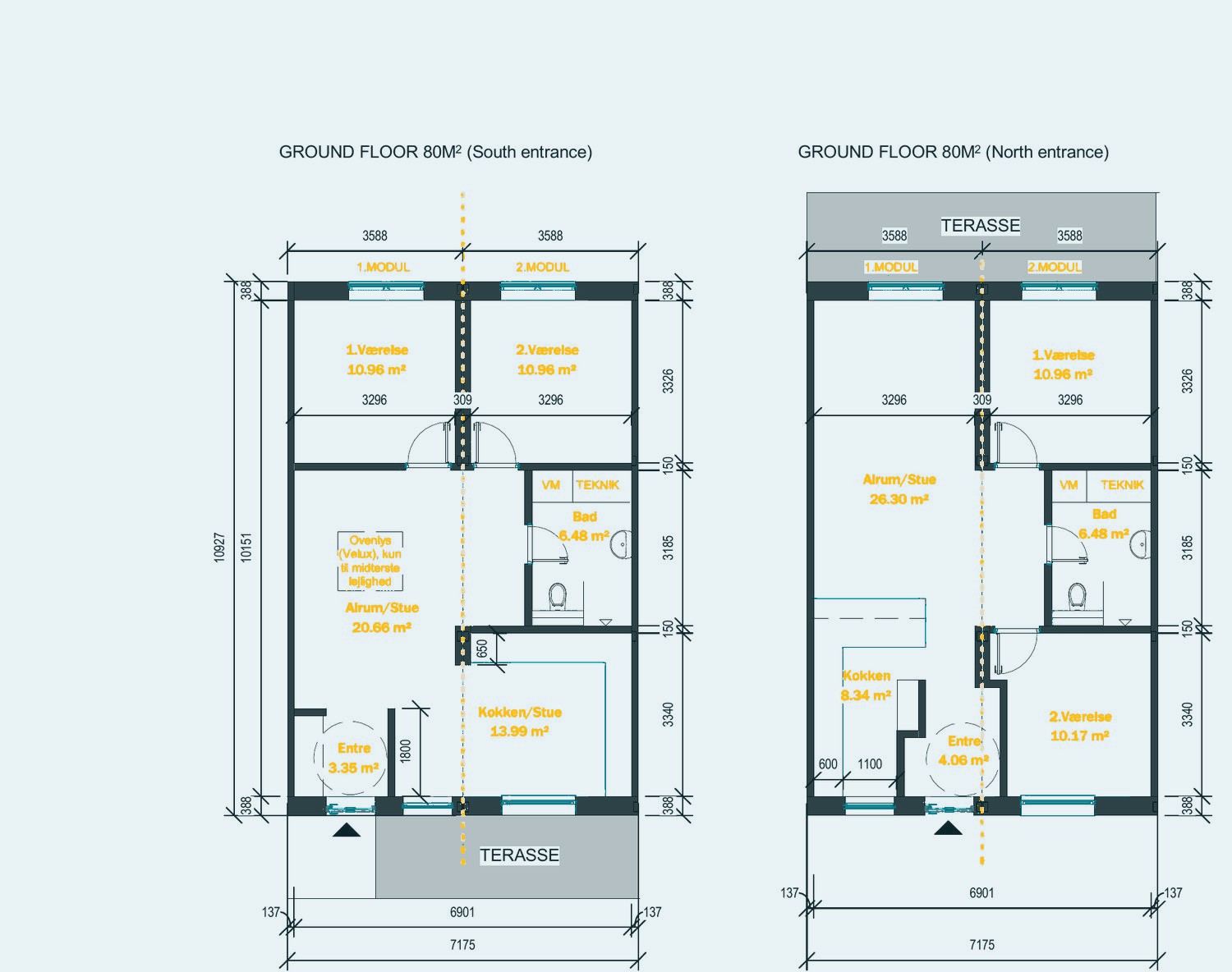 80 m² home, two modules, two entrance options