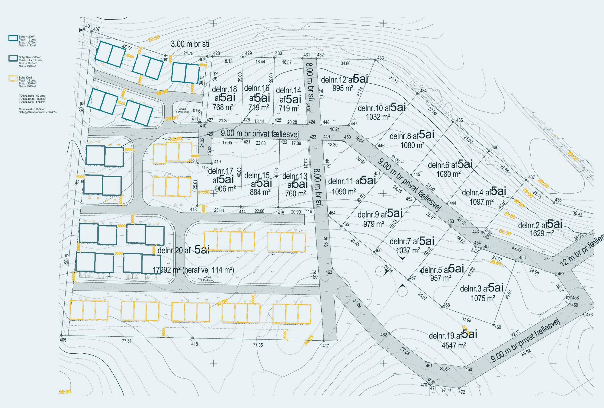 Site plan, homes coloured by type